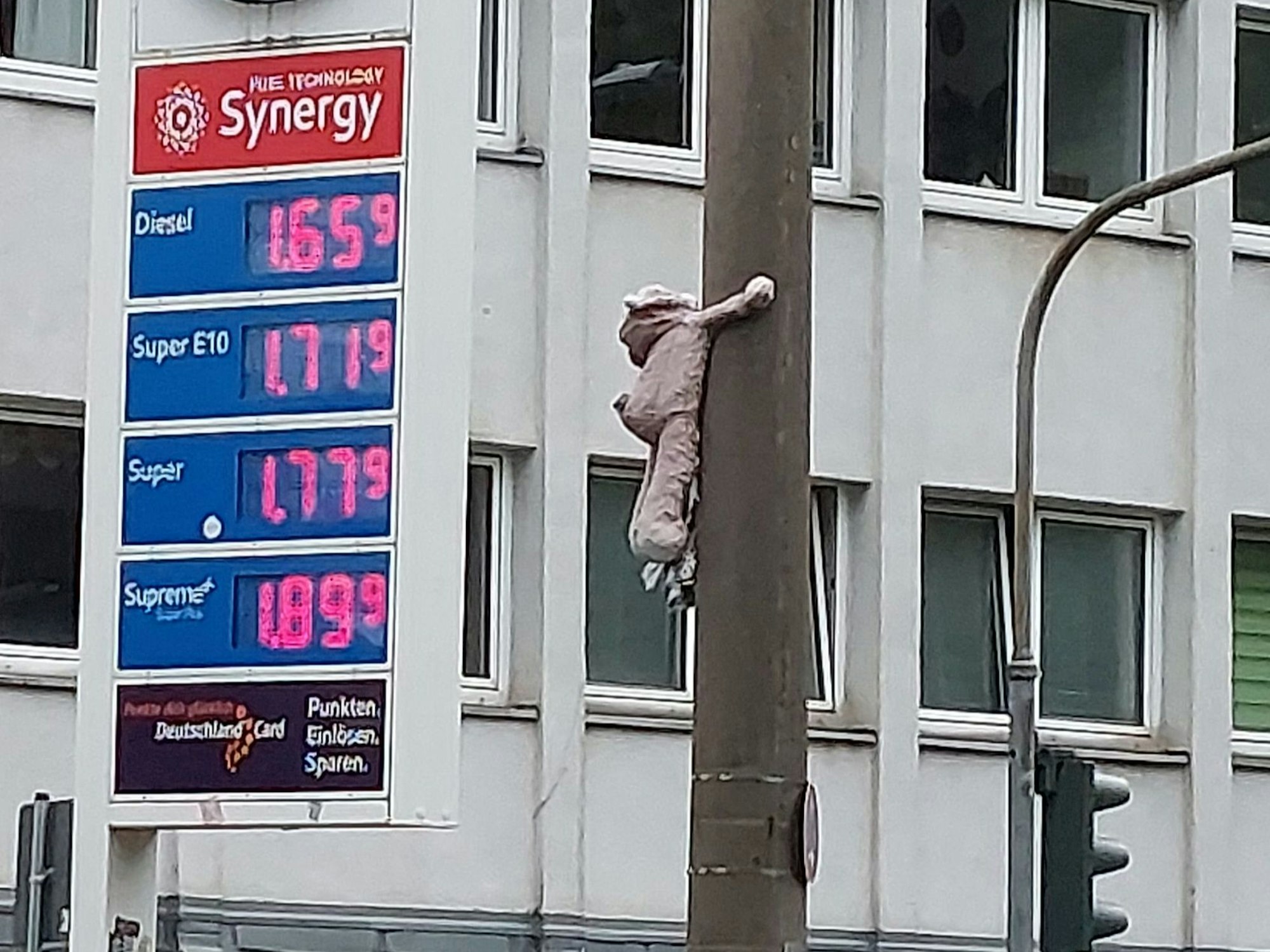 Eine Katze aus Stoff wurde an einem Pfahl befestigt.