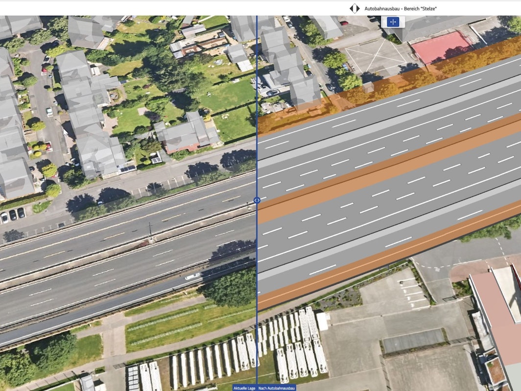 Zwei Bilder sind gegenübergestellt, links die aktuelle Breite einer Autobahn, links, wie sie werden könnte, nämlich deutlich breiter.
