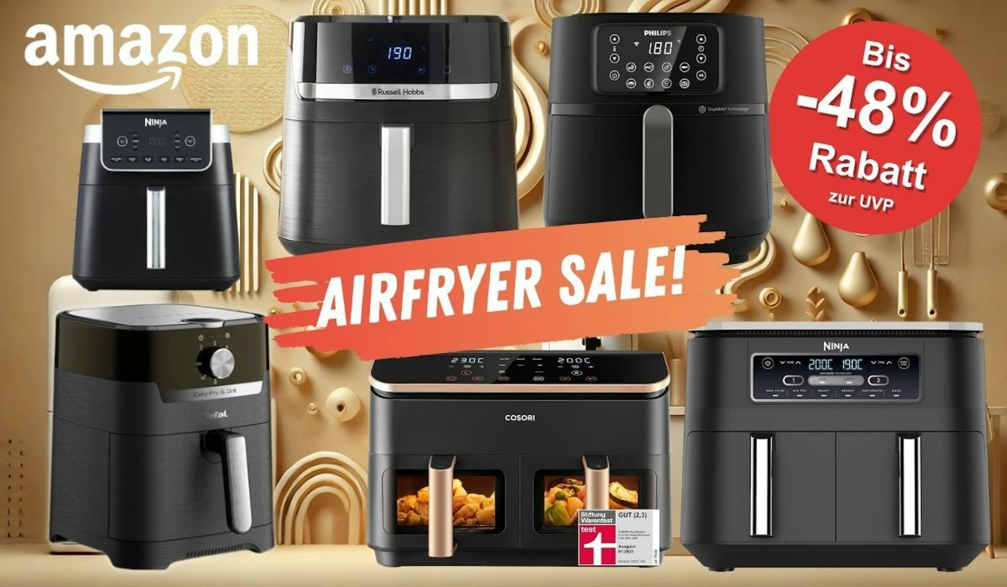 Airfryer Heißluftfritteusen von Philips, Ninja, Cosori, Russell Hobbs, Tefal vor einem kunstvoll abstrakten Küchenhintergrund.