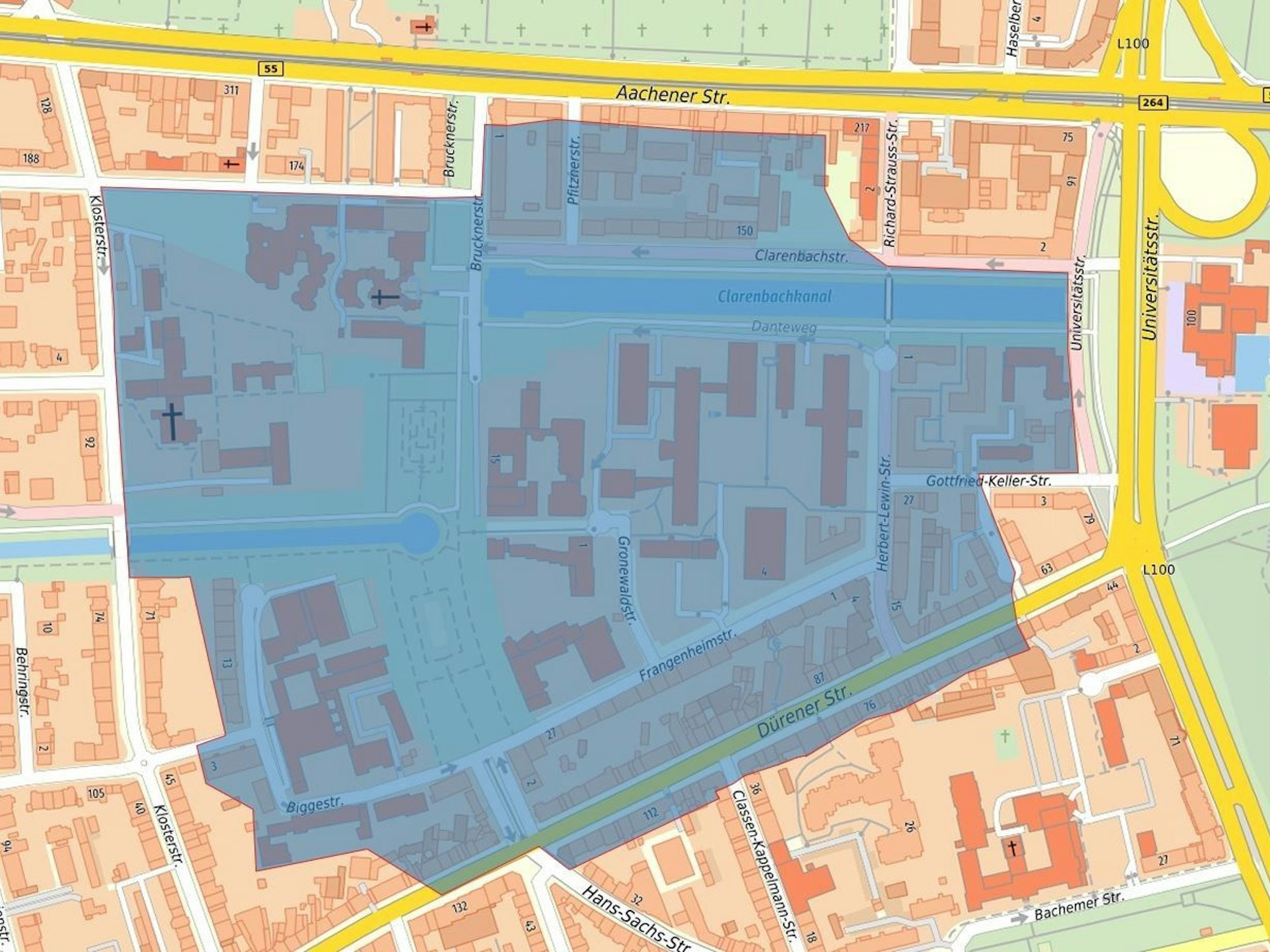 Auf einer Straßenkarte ist eine Fläche markiert.