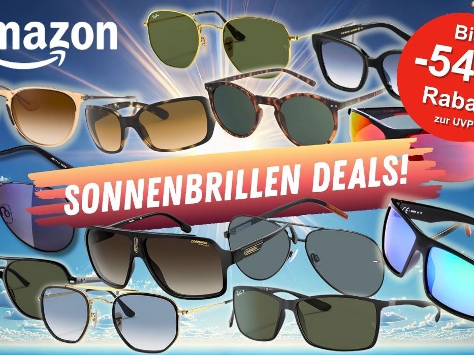 Viele Marken Sonnenbrillen von Ray Ban, Carrera, Uvex, Lacoste, Tommy Hilfiger, Oakley, Levis und Calvin Klein vor einem Hintergrund mit einem wolkenlosen Himmel.