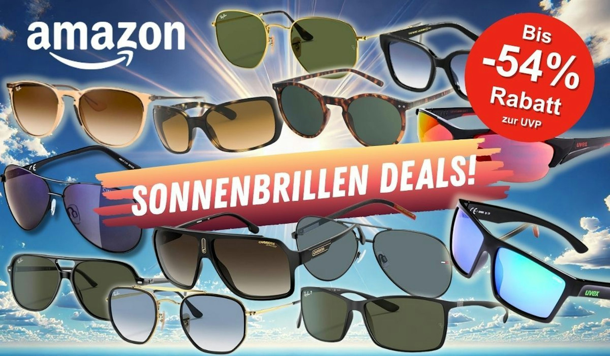 Viele Marken Sonnenbrillen von Ray Ban, Carrera, Uvex, Lacoste, Tommy Hilfiger, Oakley, Levis und Calvin Klein vor einem Hintergrund mit einem wolkenlosen Himmel.