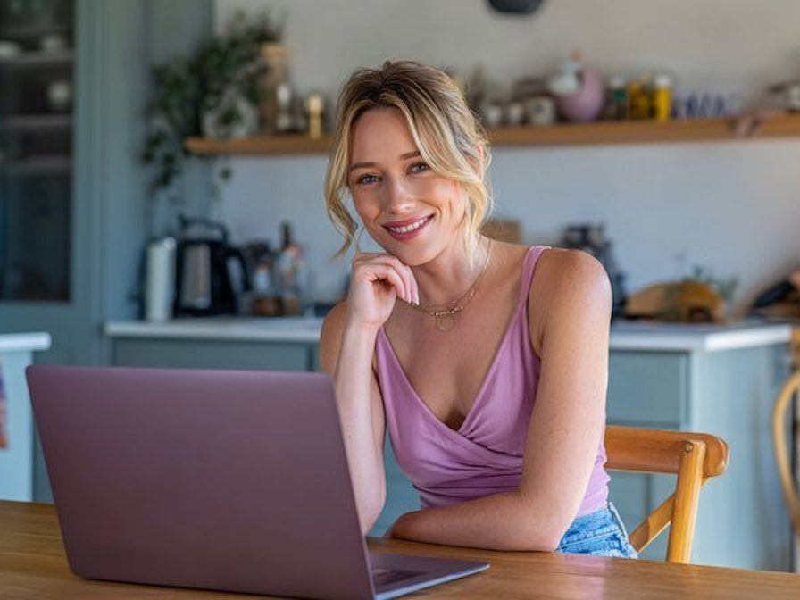 Attraktive blonde Frau am Laptop