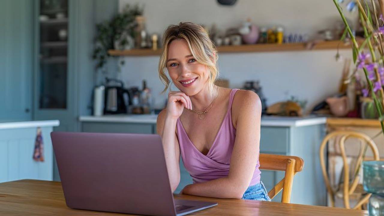 Attraktive blonde Frau am Laptop