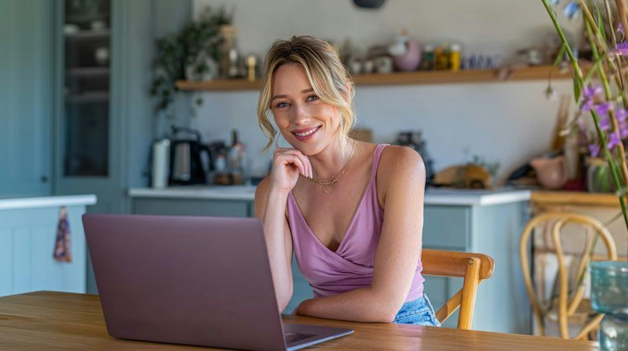 Attraktive blonde Frau am Laptop
