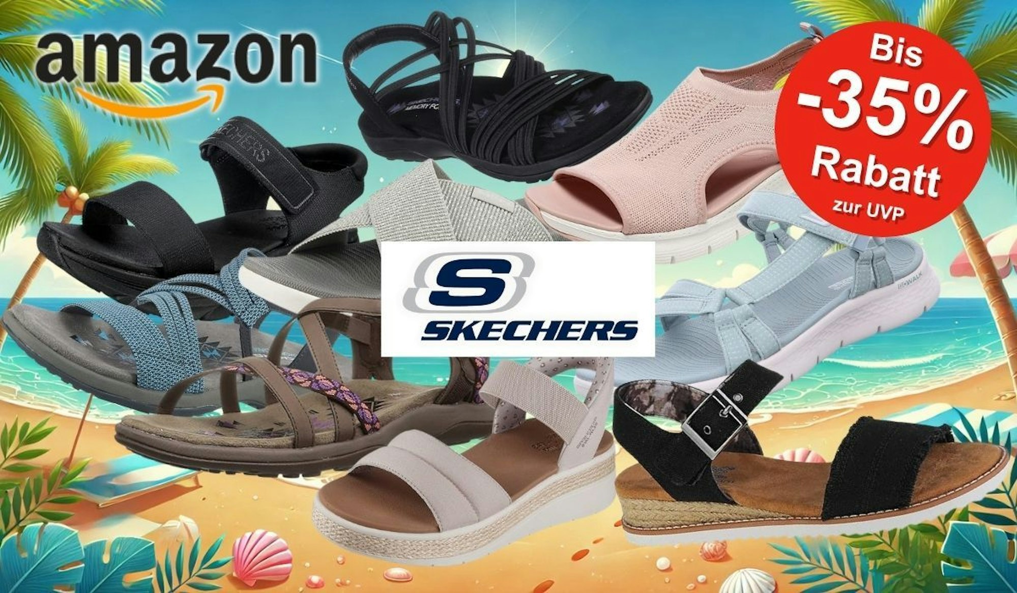 Skechers Sandalen in verschiedenen Farben und Designs vor einem Strand mit Sand und Palmen und dem Meer.
