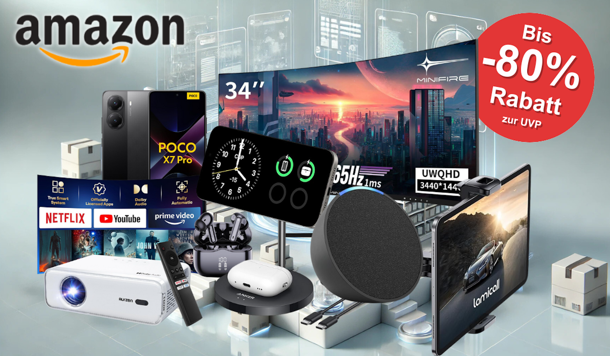 Auf dem Bild sind unterschiedliche Bilder von Produkte aus dem Technik Sale zu sehen.
