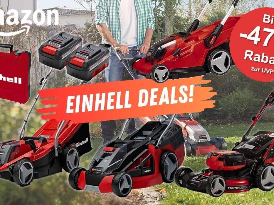 Ein Mann benutzt im Garten hinter dem Haus einen Einhell Rasenmäher. Davor sind weitere verschiedene Einhell Akku Rasenmäher Modelle zu sehen.