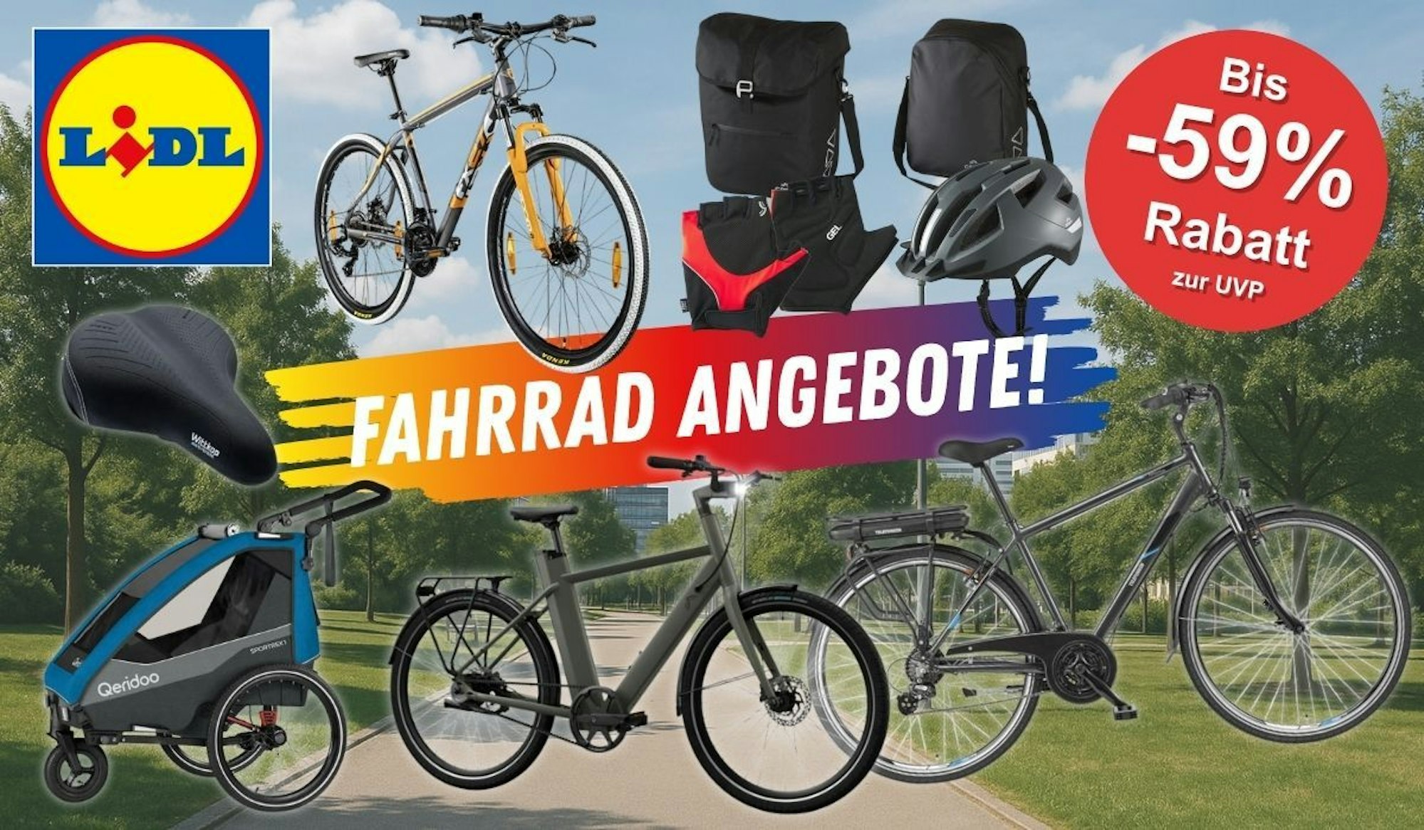 E-Bikes, City- und Trekkingräder sowie Fahrradzubehör wie Anhänger, Fahrradhelm im Lidl Onlineshop.