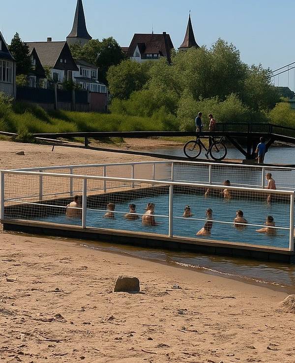 Das mit künstlicher Intelligenz (KI) erstellte Foto zeigt einen möglichen „Bade-Käfig“ am Rhein.