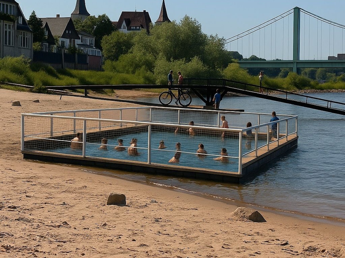 Das mit künstlicher Intelligenz (KI) erstellte Foto zeigt einen möglichen „Bade-Käfig“ am Rhein.