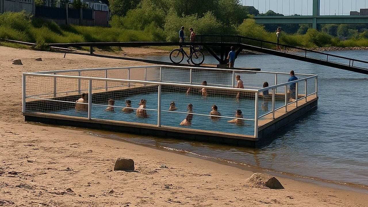 Das mit künstlicher Intelligenz (KI) erstellte Foto zeigt einen möglichen „Bade-Käfig“ am Rhein.