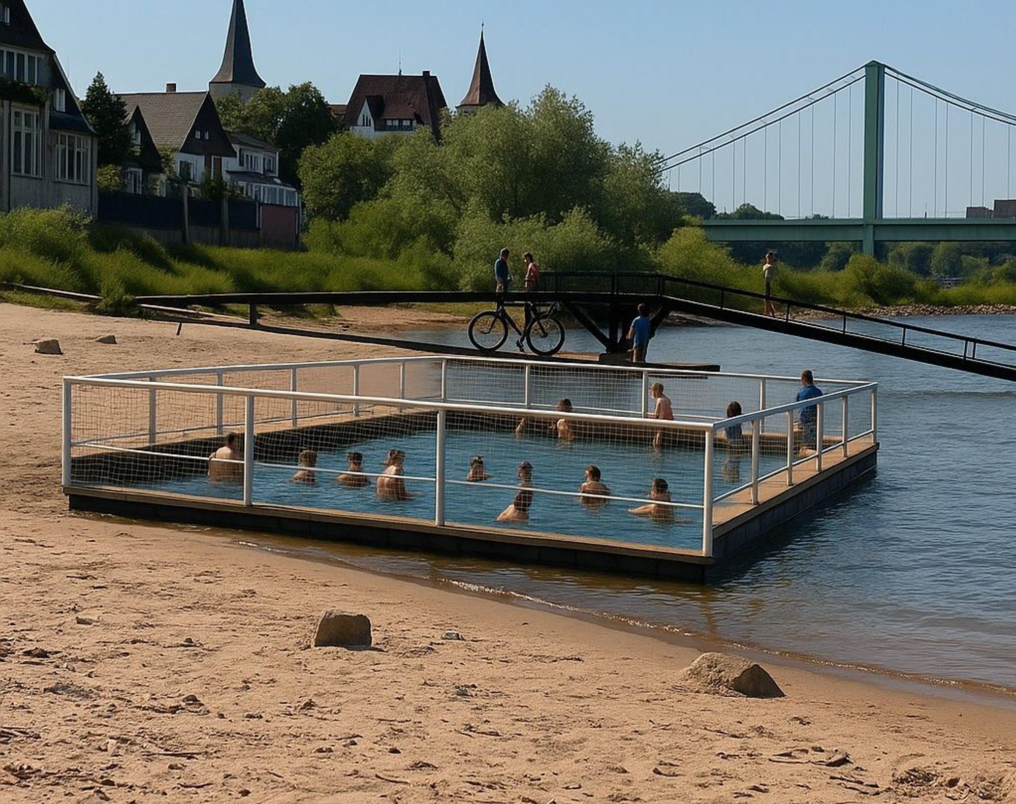 Das mit künstlicher Intelligenz (KI) erstellte Foto zeigt einen möglichen „Bade-Käfig“ am Rhein.