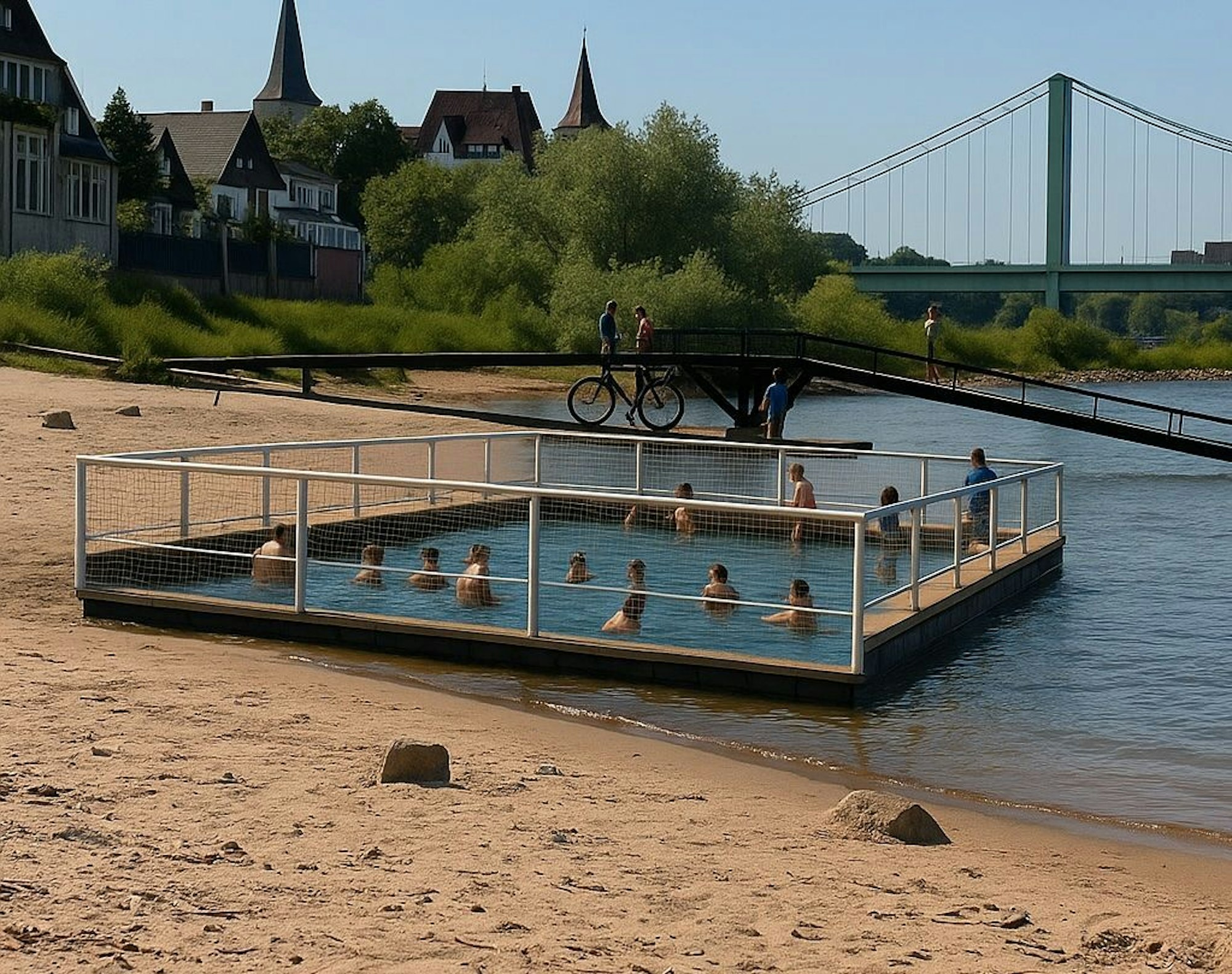 Das mit künstlicher Intelligenz (KI) erstellte Foto zeigt einen möglichen „Bade-Käfig“ am Rhein.