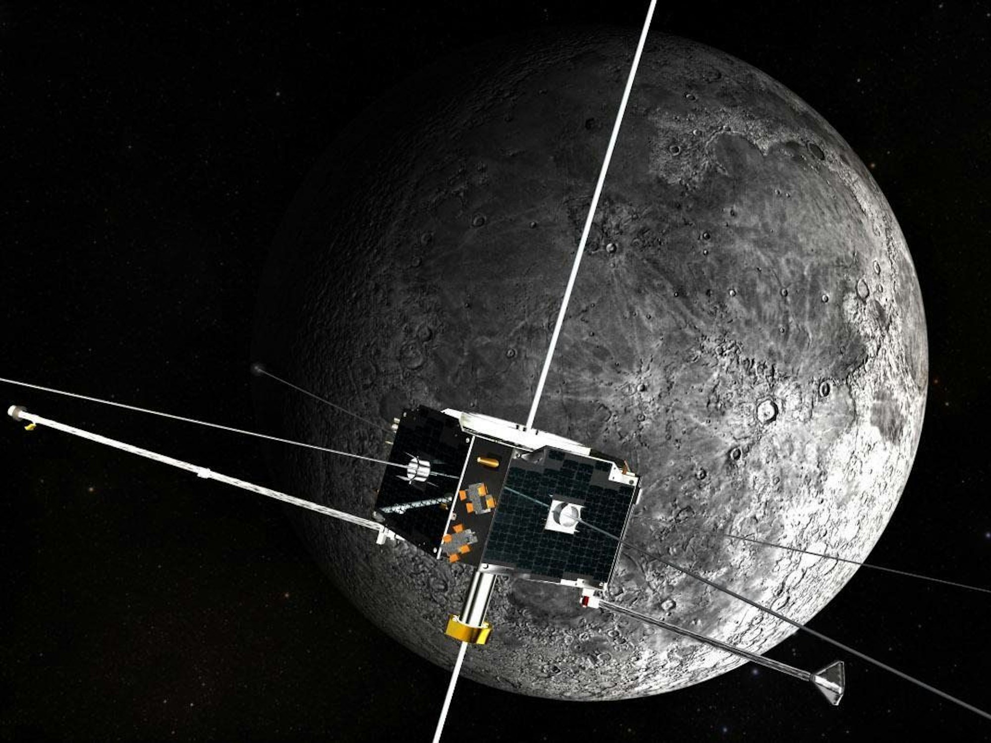 Künstlerische Darstellung des „Artemis“-Raumschiffs in der Umlaufbahn um den Mond.