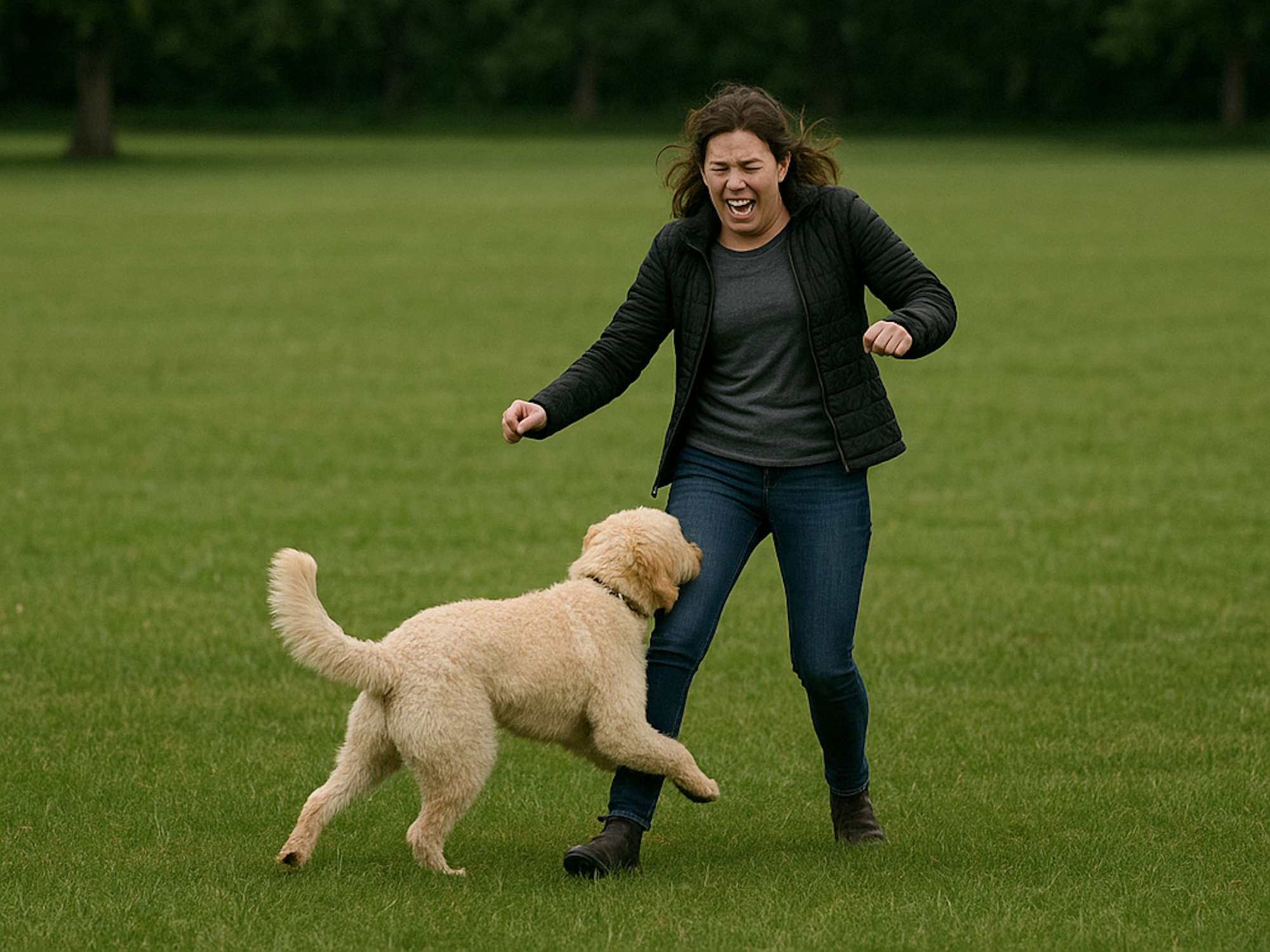 Eine Frau wird auf einer Wiese von einem Labradoodle umgerannt.