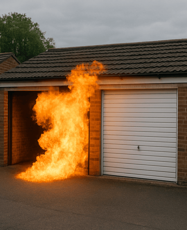 Ein mit KI erstelltes Bild zeigt eine Reihe von Garagen. Aus einer der mittleren Garagen kommen Flammen, wie sie bei einer Verpuffung entstehen.