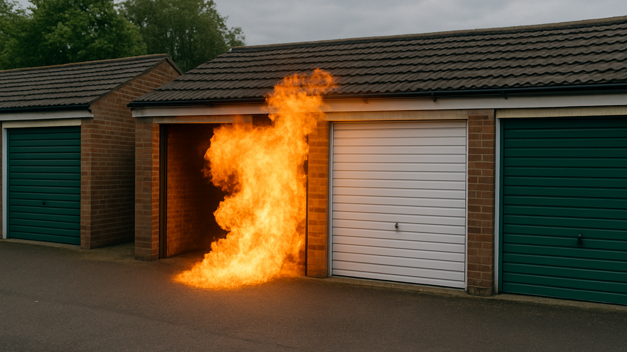 Ein mit KI erstelltes Bild zeigt eine Reihe von Garagen. Aus einer der mittleren Garagen kommen Flammen, wie sie bei einer Verpuffung entstehen.