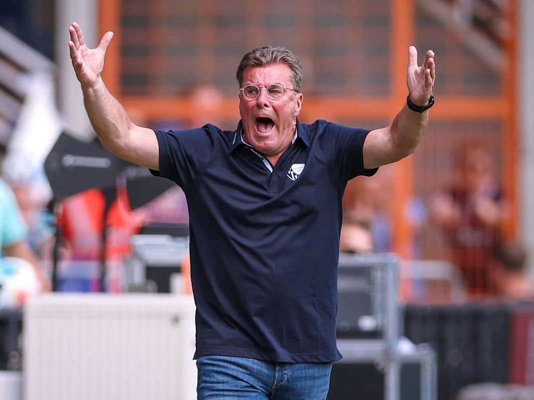 Dieter Hecking regt sich mit ausgebreiteten Armen auf.