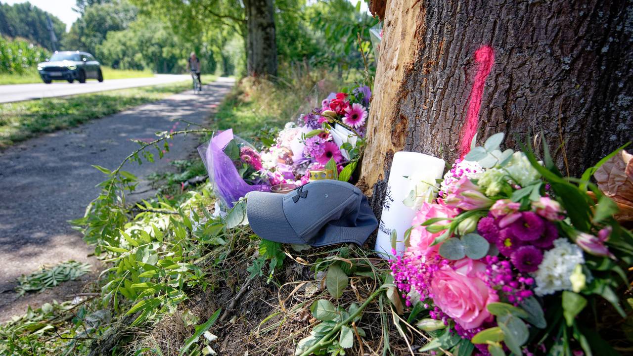 An einem Baumstamm neben einer Straße liegen Blumensträuße und eine Mütze.