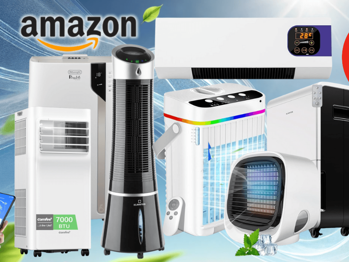 Auf dem Bild sind unterschiedliche Klimageräte zu sehen, die bei Amazon verkauft werden.