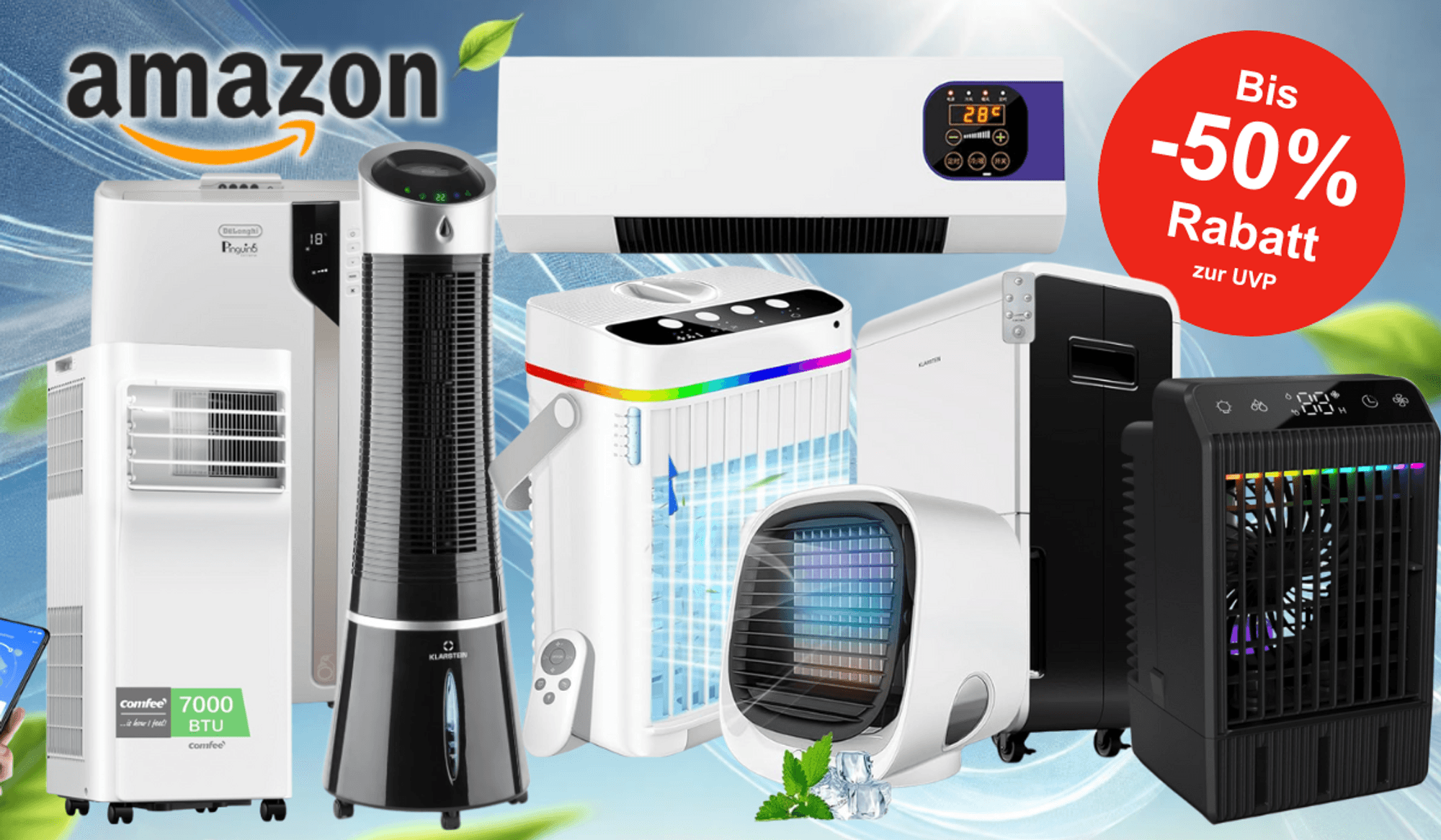 Auf dem Bild sind unterschiedliche Klimageräte zu sehen, die bei Amazon verkauft werden.