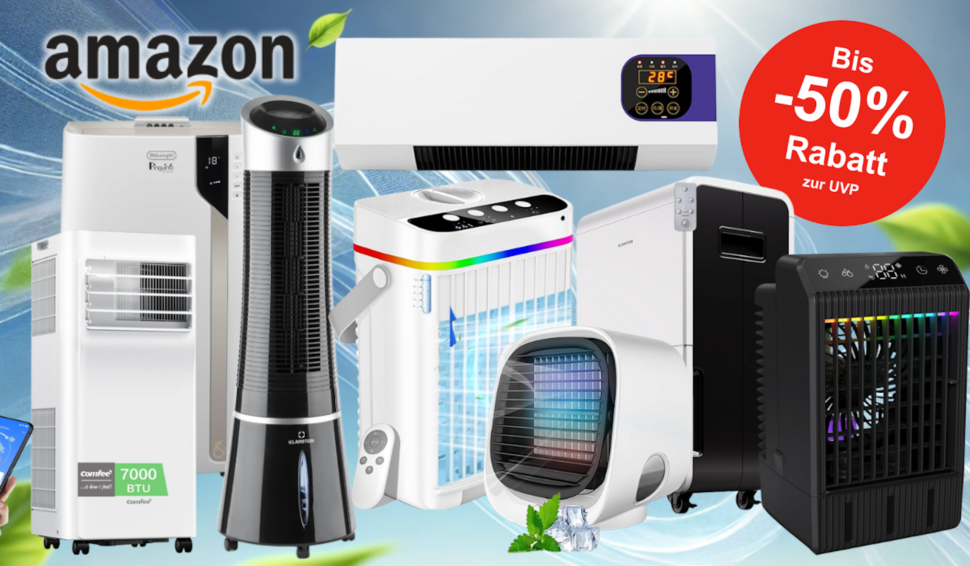 Auf dem Bild sind unterschiedliche Klimageräte zu sehen, die bei Amazon verkauft werden.