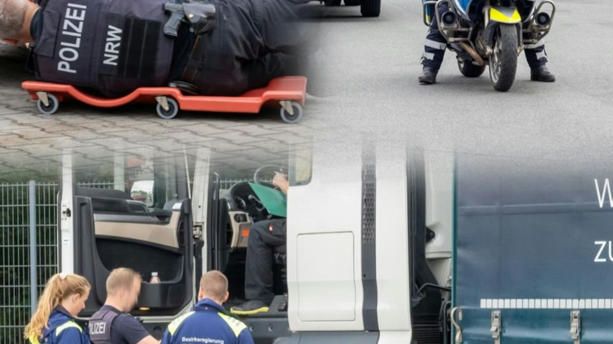 Ein Polizist kontrolliert einen Lkw auf der Autobahn.