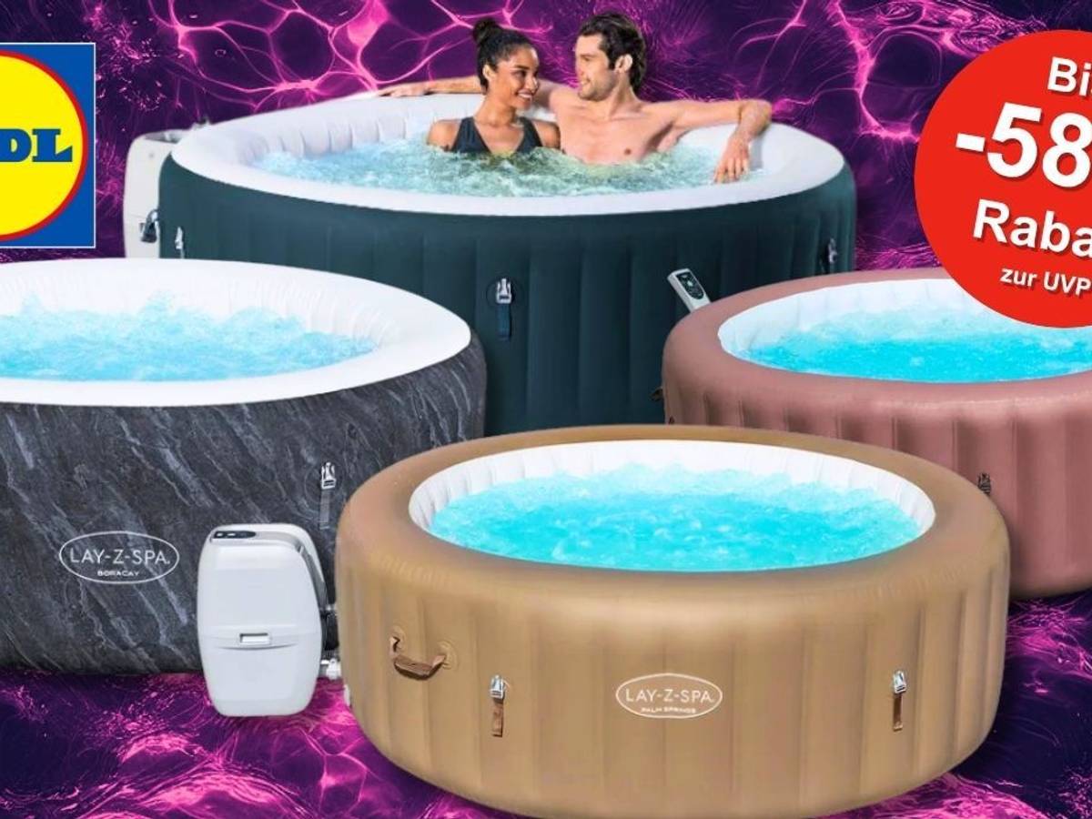 Whirlpools von Bestway vor einem Hintergrund mit weinroten Wasserwellen. In einem der Whirlpools sitzen ein Mann und eine Frau und genießen das kühle Nass.