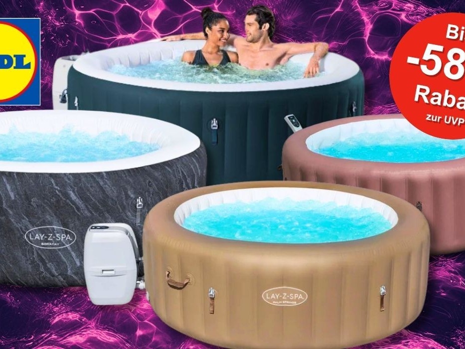 Whirlpools von Bestway vor einem Hintergrund mit weinroten Wasserwellen. In einem der Whirlpools sitzen ein Mann und eine Frau und genießen das kühle Nass.