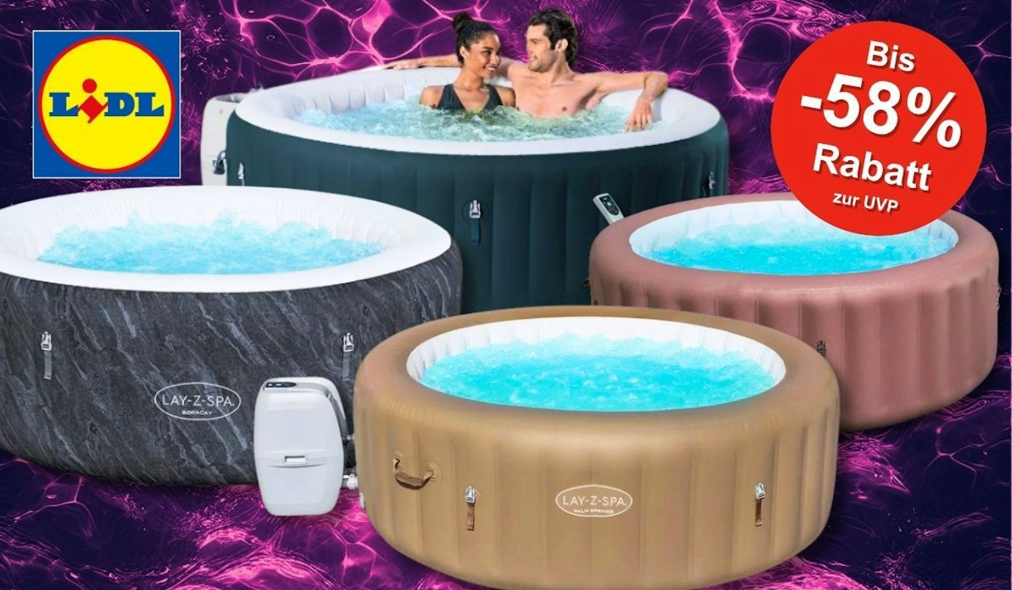 Whirlpools von Bestway vor einem Hintergrund mit weinroten Wasserwellen. In einem der Whirlpools sitzen ein Mann und eine Frau und genießen das kühle Nass.
