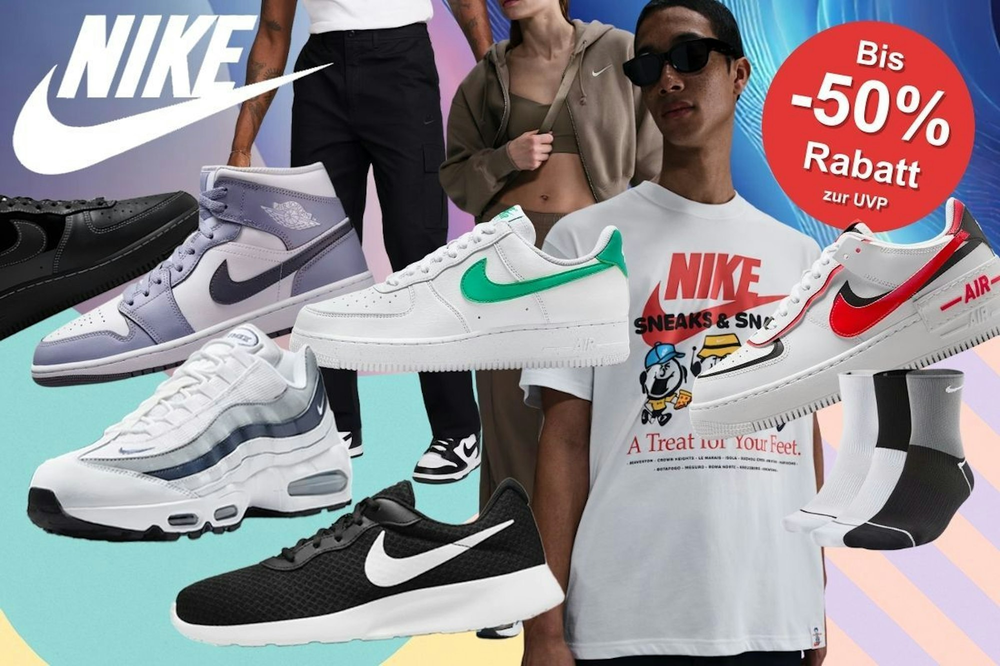 Nike Sneaker und Schuhe der Modellreihen Tanjun, Nike Dunk High, Air Force 1, Dunk Low, Air Jordan und verschiedene Bekleidung für Herren und Damen mit Fashion Models vor Hintergrund mit bunten, geometrischen Flächen.