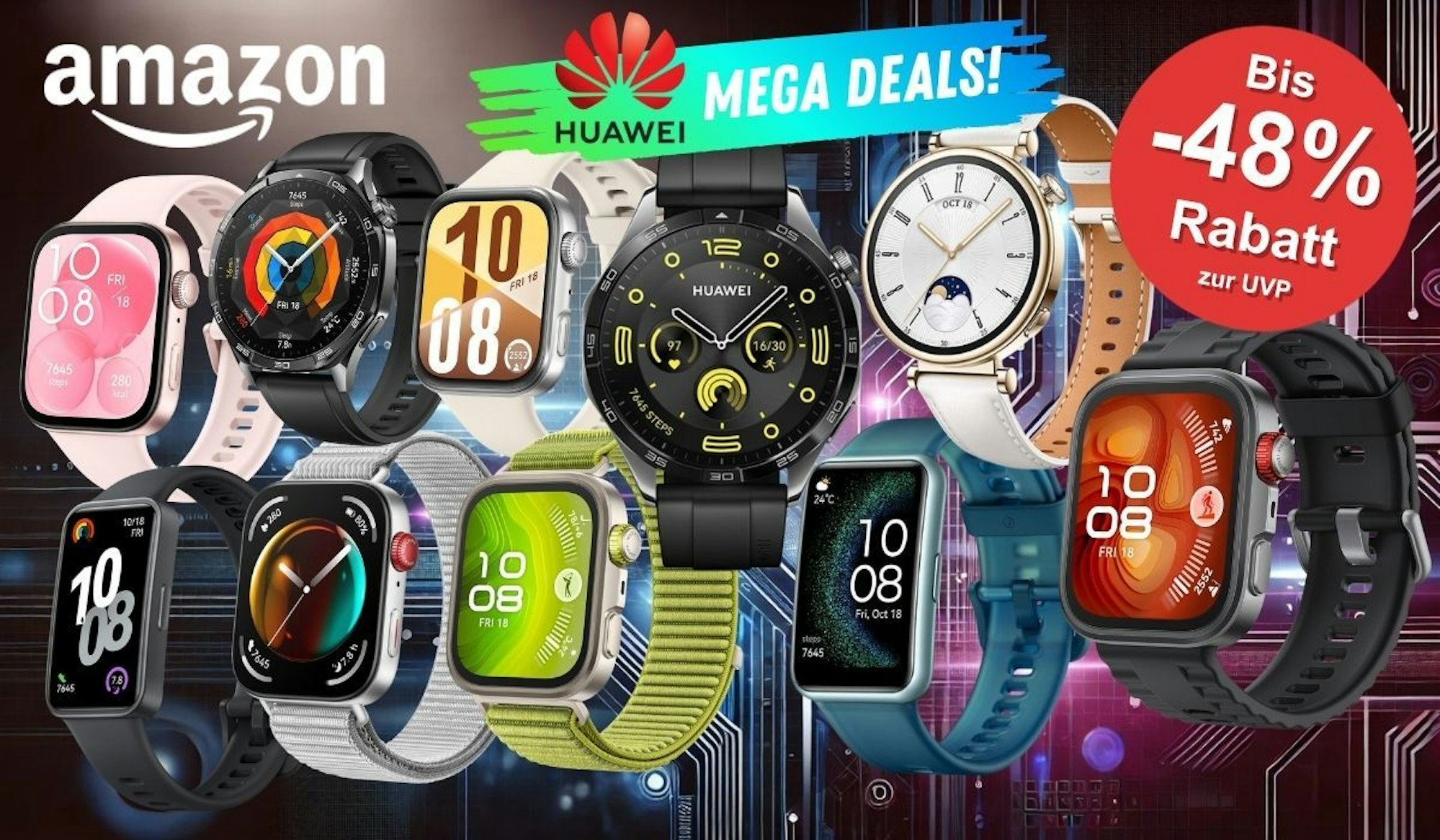 Huawei Smartwatch Modelle wie Watch GT 5, Watch GT 4, HUAWEI Band 10, Watch FIT 4 und mehr vor einem bunten technischen Hintergrund.