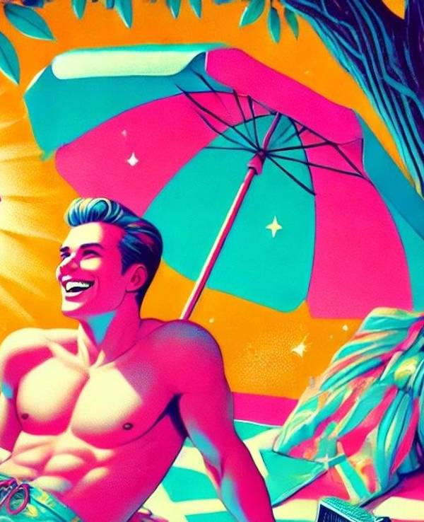 Ein Man und eine Frau sitzen lachend am Strand mit Sonnenschirm. Bild im witzigen Comic-Stil.