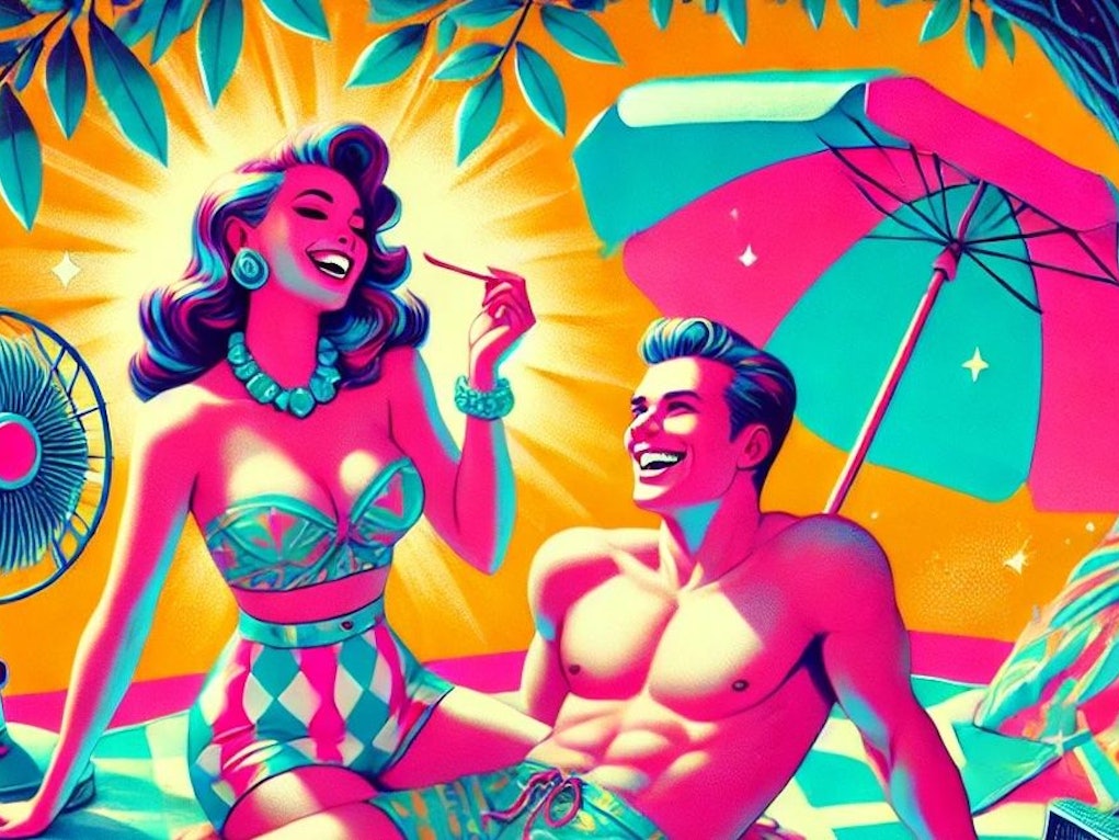 Ein Man und eine Frau sitzen lachend am Strand mit Sonnenschirm. Bild im witzigen Comic-Stil.