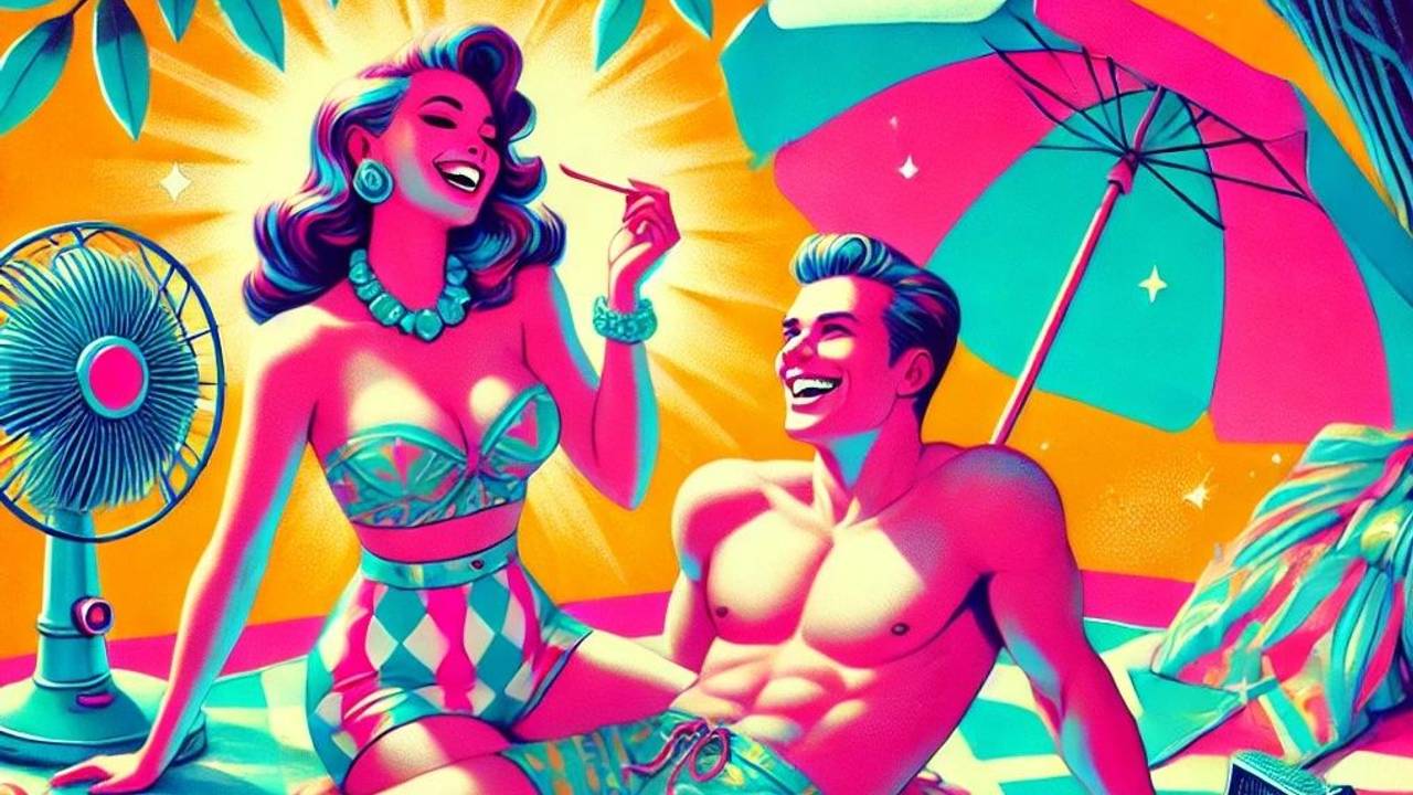 Ein Man und eine Frau sitzen lachend am Strand mit Sonnenschirm. Bild im witzigen Comic-Stil.