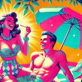 Ein Man und eine Frau sitzen lachend am Strand mit Sonnenschirm. Bild im witzigen Comic-Stil.