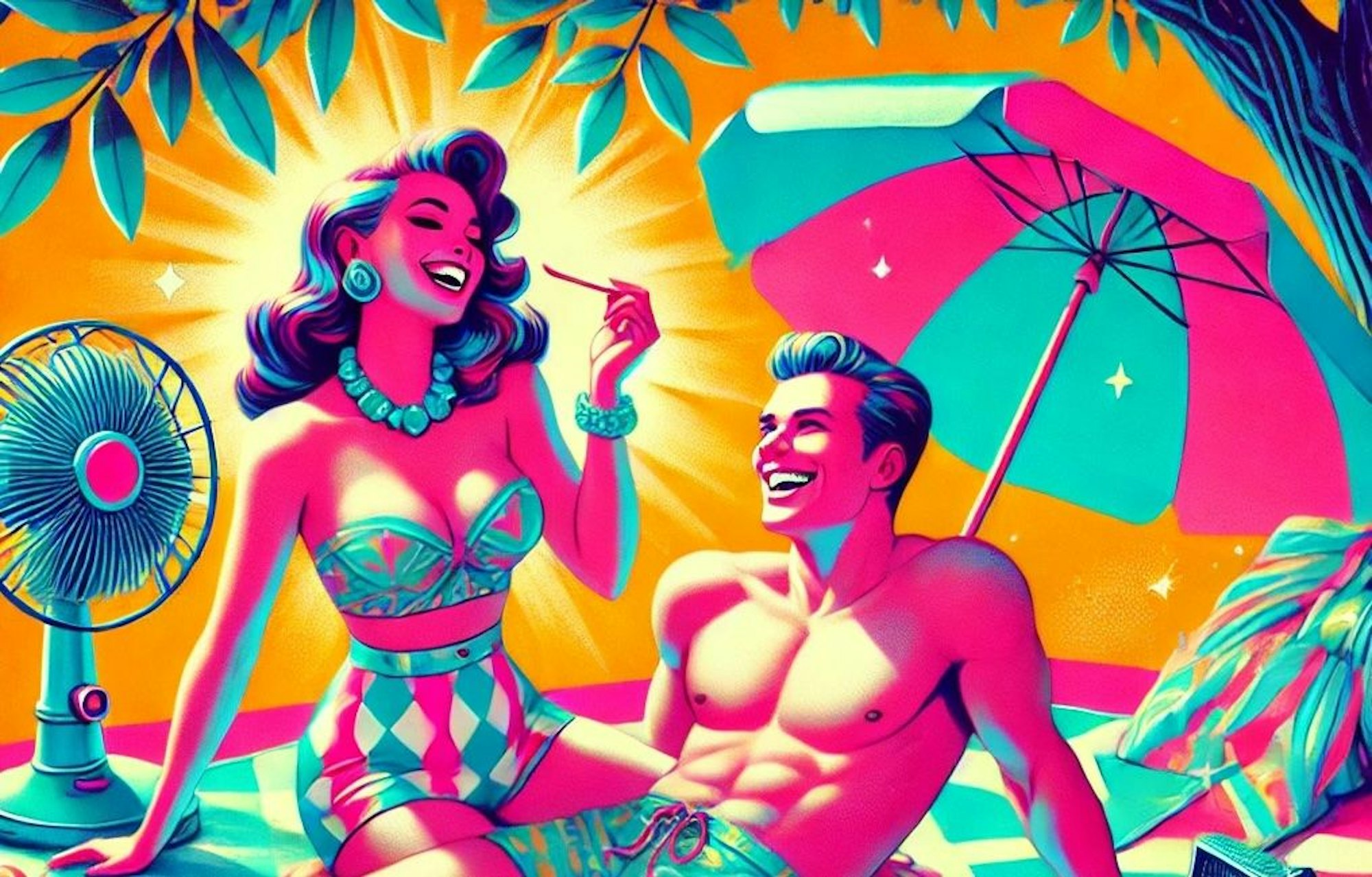 Ein Man und eine Frau sitzen lachend am Strand mit Sonnenschirm. Bild im witzigen Comic-Stil.
