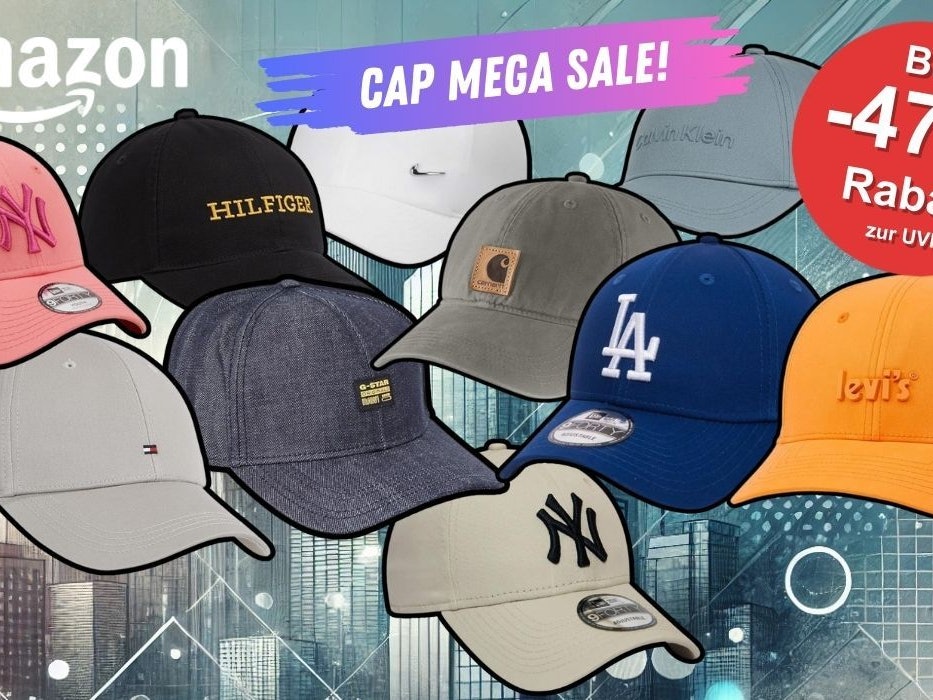 Caps von verschiedenen Marken wie Nike, Tommy Hilfiger, New Era, Levi's, G-Star und mehr vor einem urbanen Hintergrund im Comic-Style.