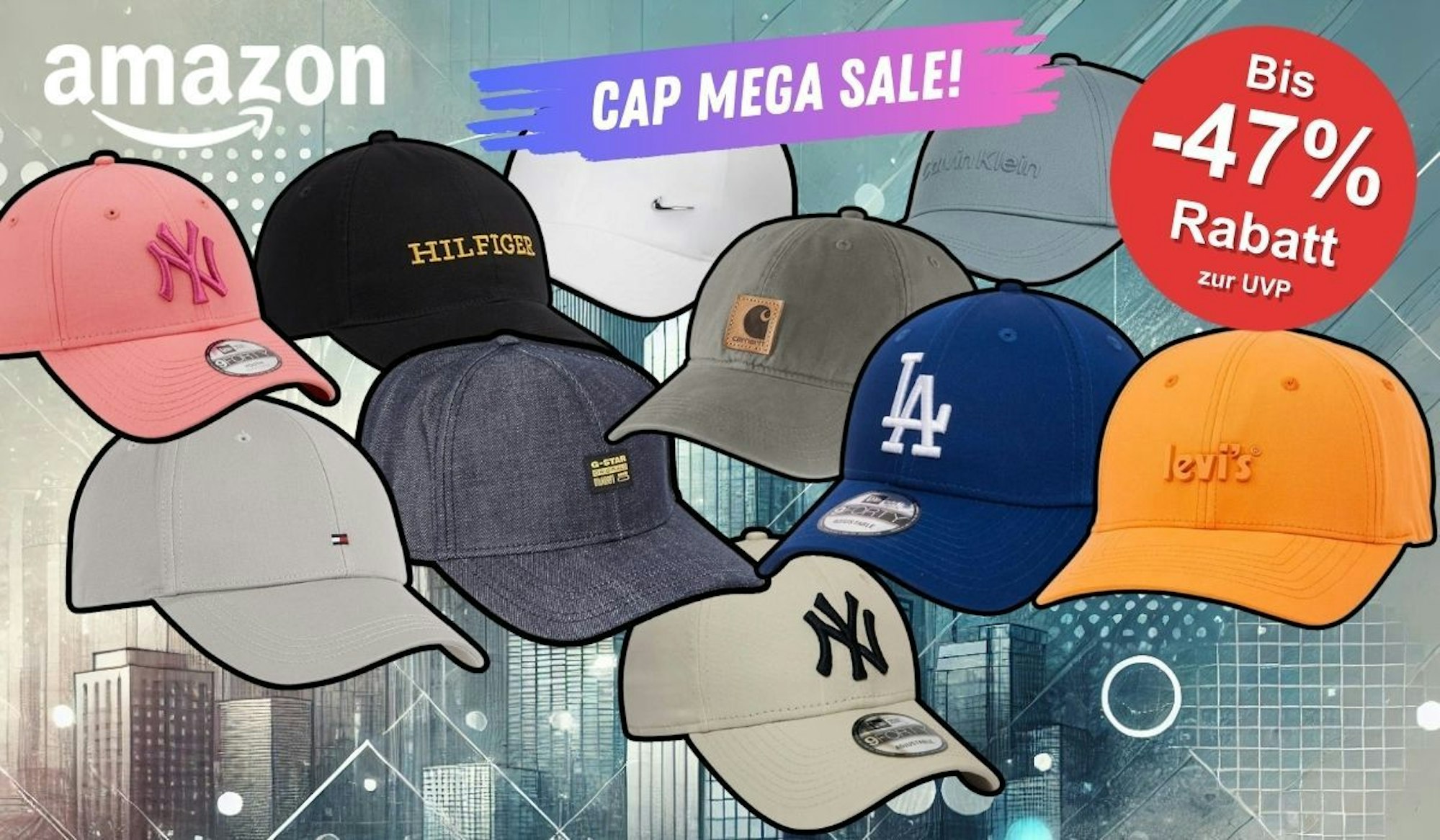 Caps von verschiedenen Marken wie Nike, Tommy Hilfiger, New Era, Levi's, G-Star und mehr vor einem urbanen Hintergrund im Comic-Style.