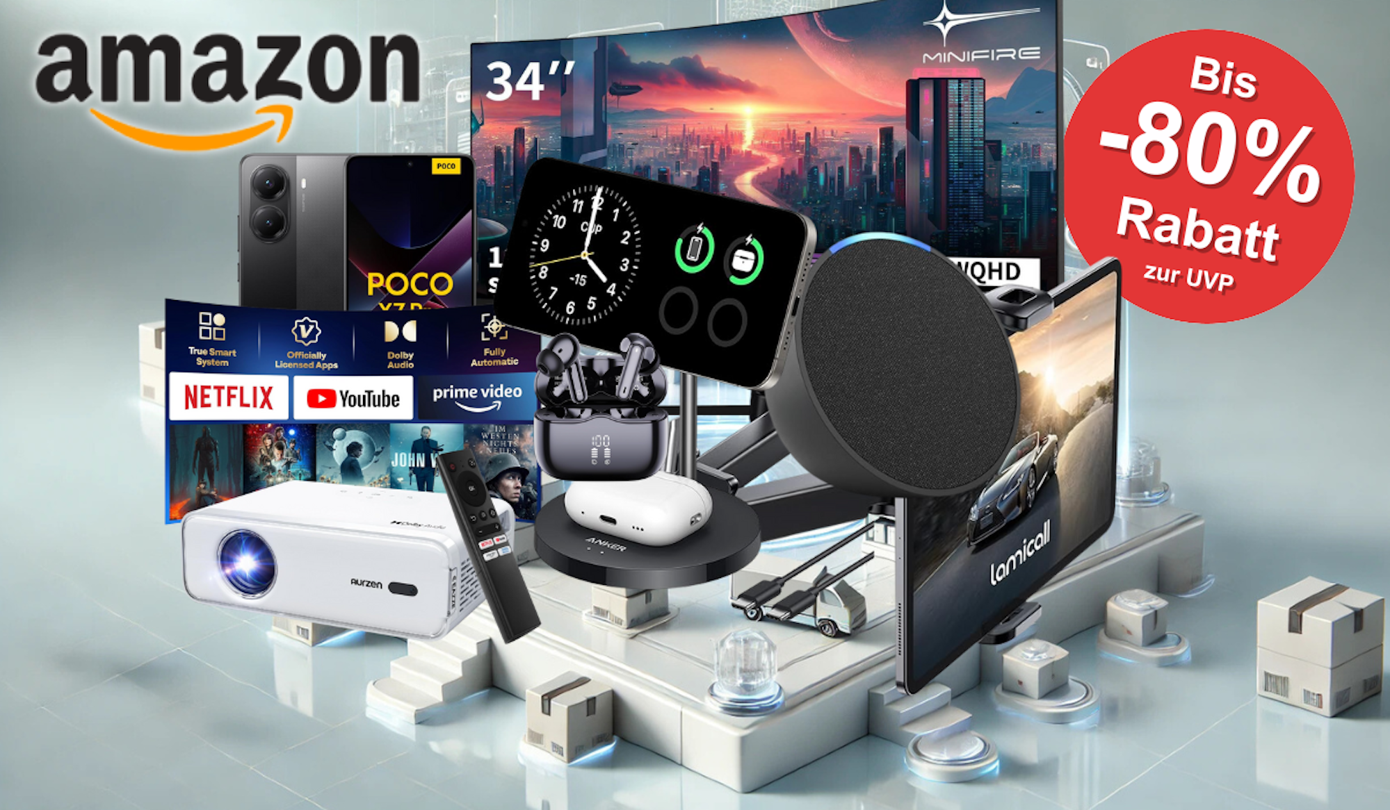Auf dem Bild sind unterschiedliche Bilder von Produkte aus dem Technik Sale zu sehen.