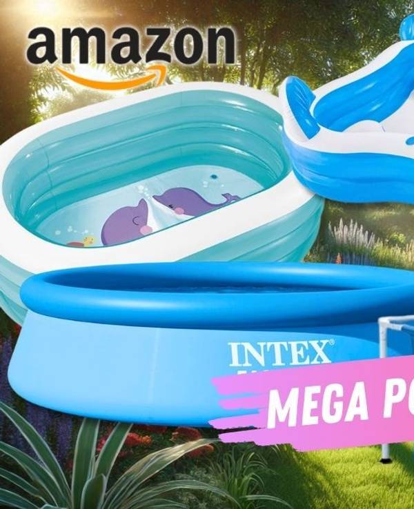 Pools von Bestway und Intex, Aufstellpools, Aufblasbare Pool vor einem Garten im Hintergrund.