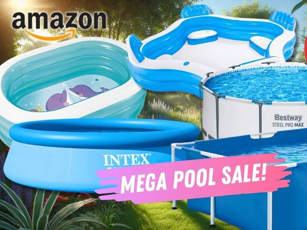Pools von Bestway und Intex, Aufstellpools, Aufblasbare Pool vor einem Garten im Hintergrund.