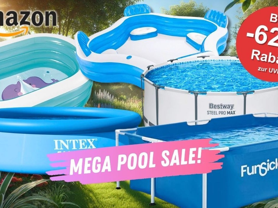 Pools von Bestway und Intex, Aufstellpools, Aufblasbare Pool vor einem Garten im Hintergrund.