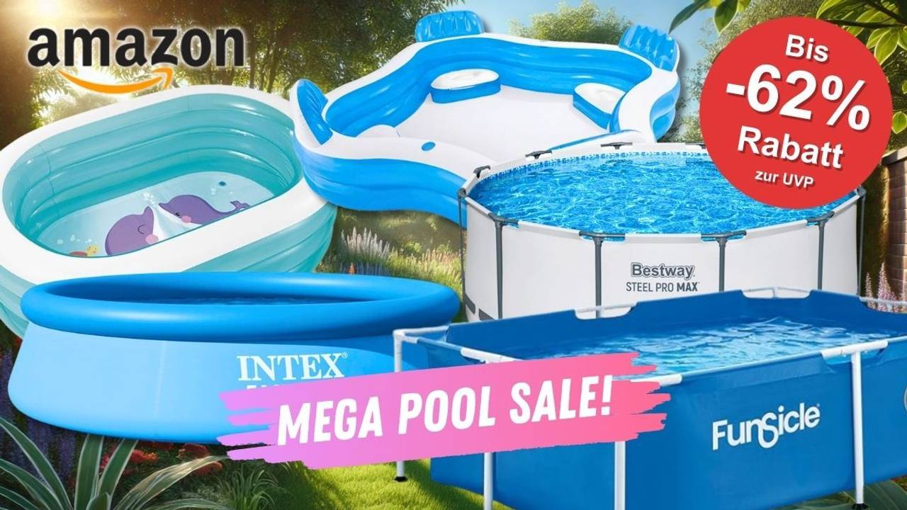Pools von Bestway und Intex, Aufstellpools, Aufblasbare Pool vor einem Garten im Hintergrund.