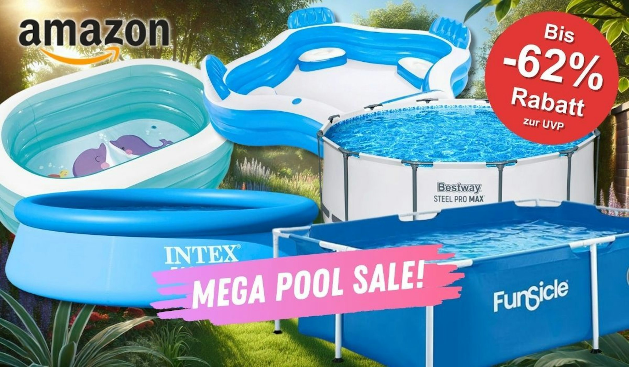 Pools von Bestway und Intex, Aufstellpools, Aufblasbare Pool vor einem Garten im Hintergrund.