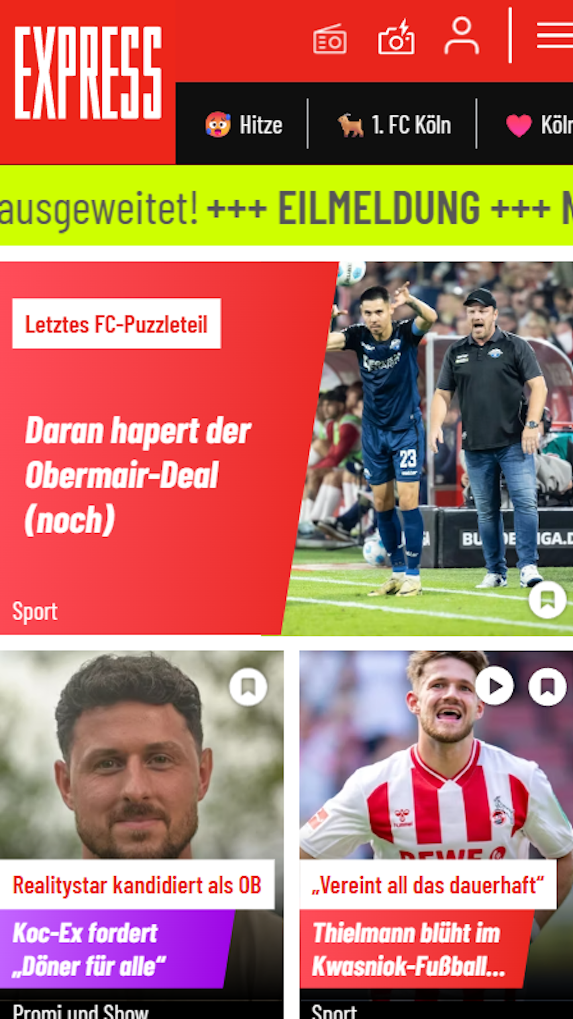 So sieht es ganz oben auf der Startseite von EXPRESS.de aus