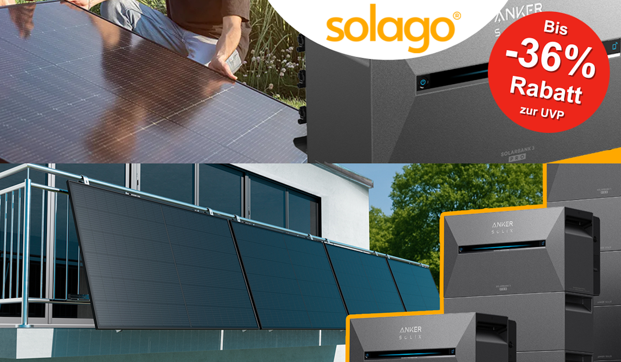 Solago Balkonkraftwerk wird von zwei Männern im Garten positioniert und zusammengebaut. Daneben ein Anker Solix 3 Pro Solarbank Speicher.
