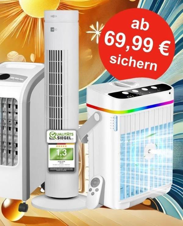 Verschiedene mobile Klimageräte unterschiedlicher Marken vor einem sommerlichen Hintergrund im Comic-Style.