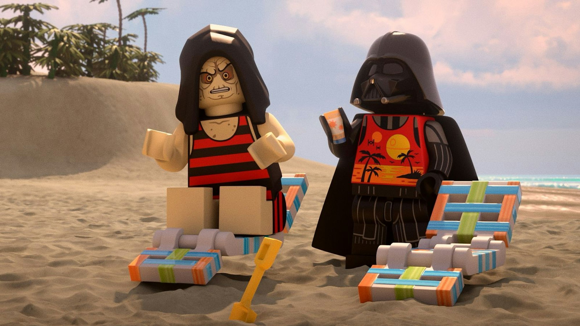 Zwei Lego-Figuren aus Star Wars sind am Strand.